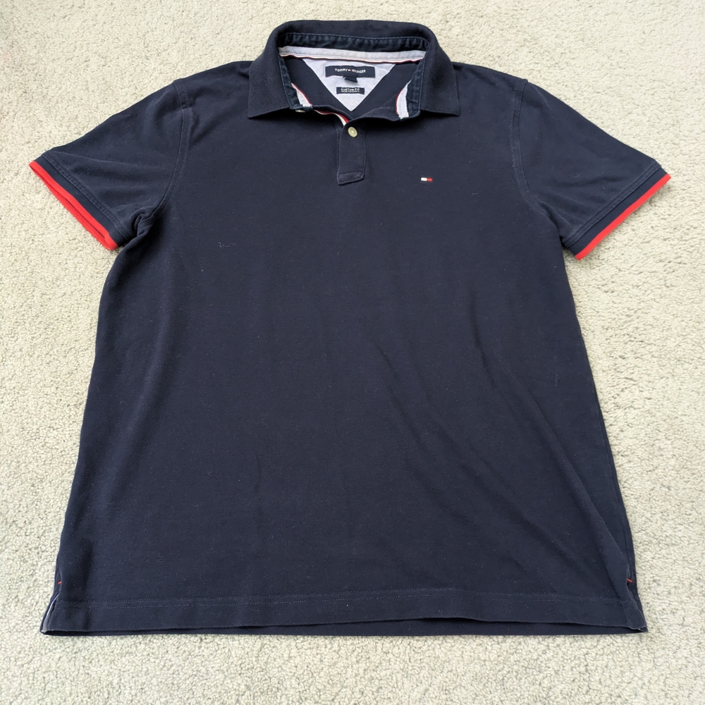 Tommy Hilfiger Men's Dark Blue Polo with Red Trim